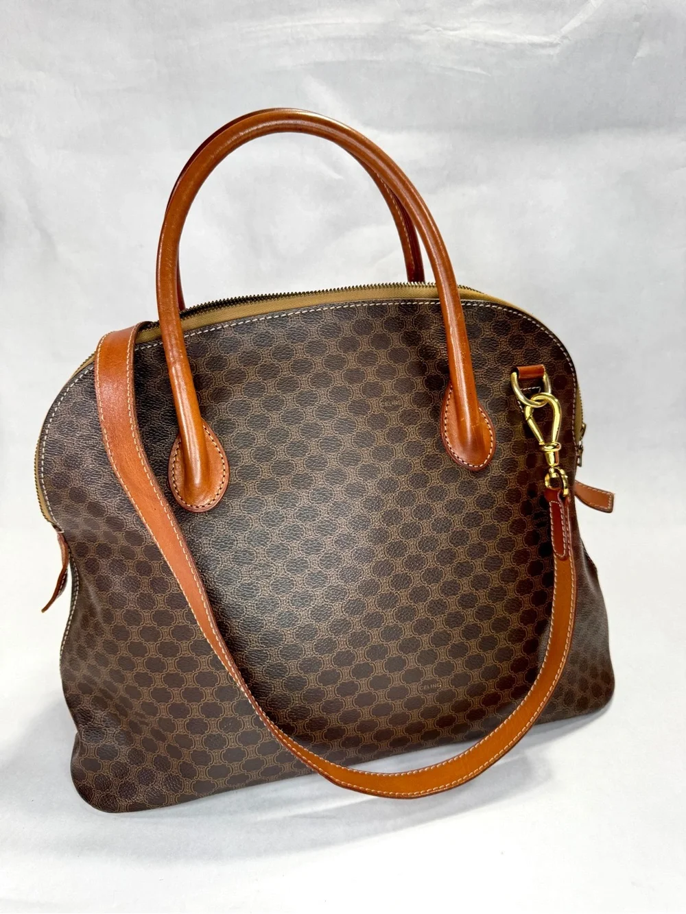 Vintage CELINE Macadam Boston Bag Brown Leather 2-Way Shoulder Satchel